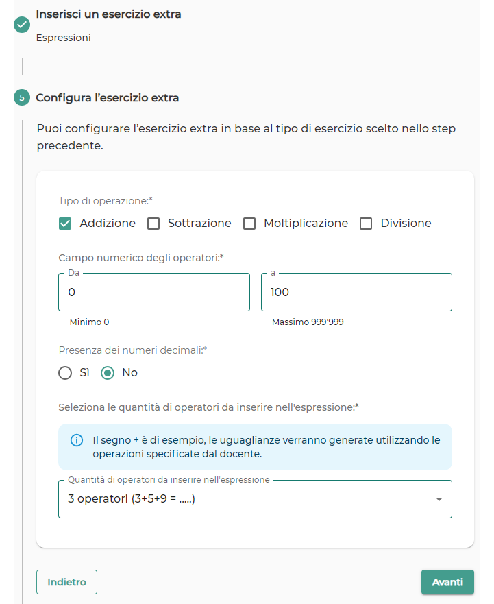 Configurazione dell'Esercizio extra Espressioni.