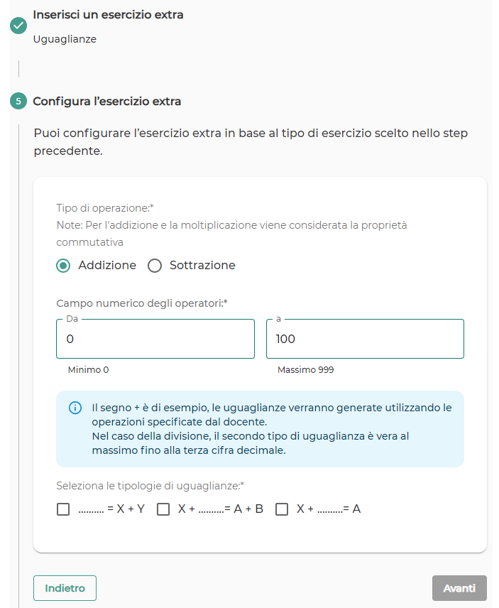 Configurazione dell'Esercizio extra Uguaglianze.