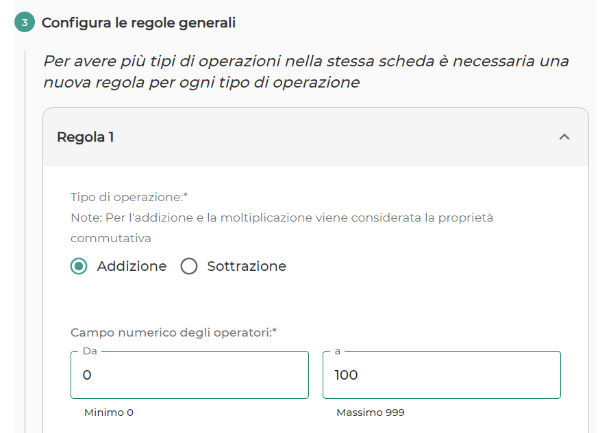 Scelta del tipo di operazione e del campo numerico degli operatori.