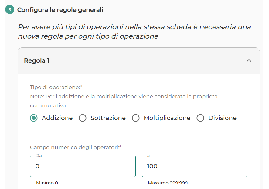 Scelta del Tipo di operazione e del Campo numerico degli operatori.
