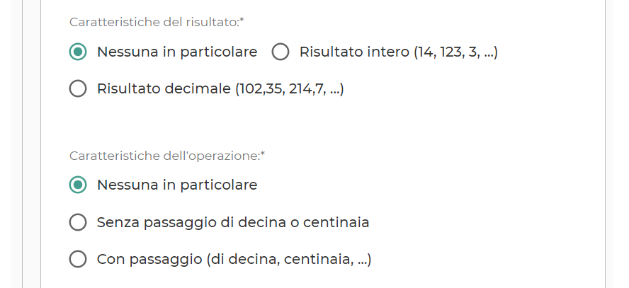 Scelta delle Caratteristiche del risultato e dell'operazione.