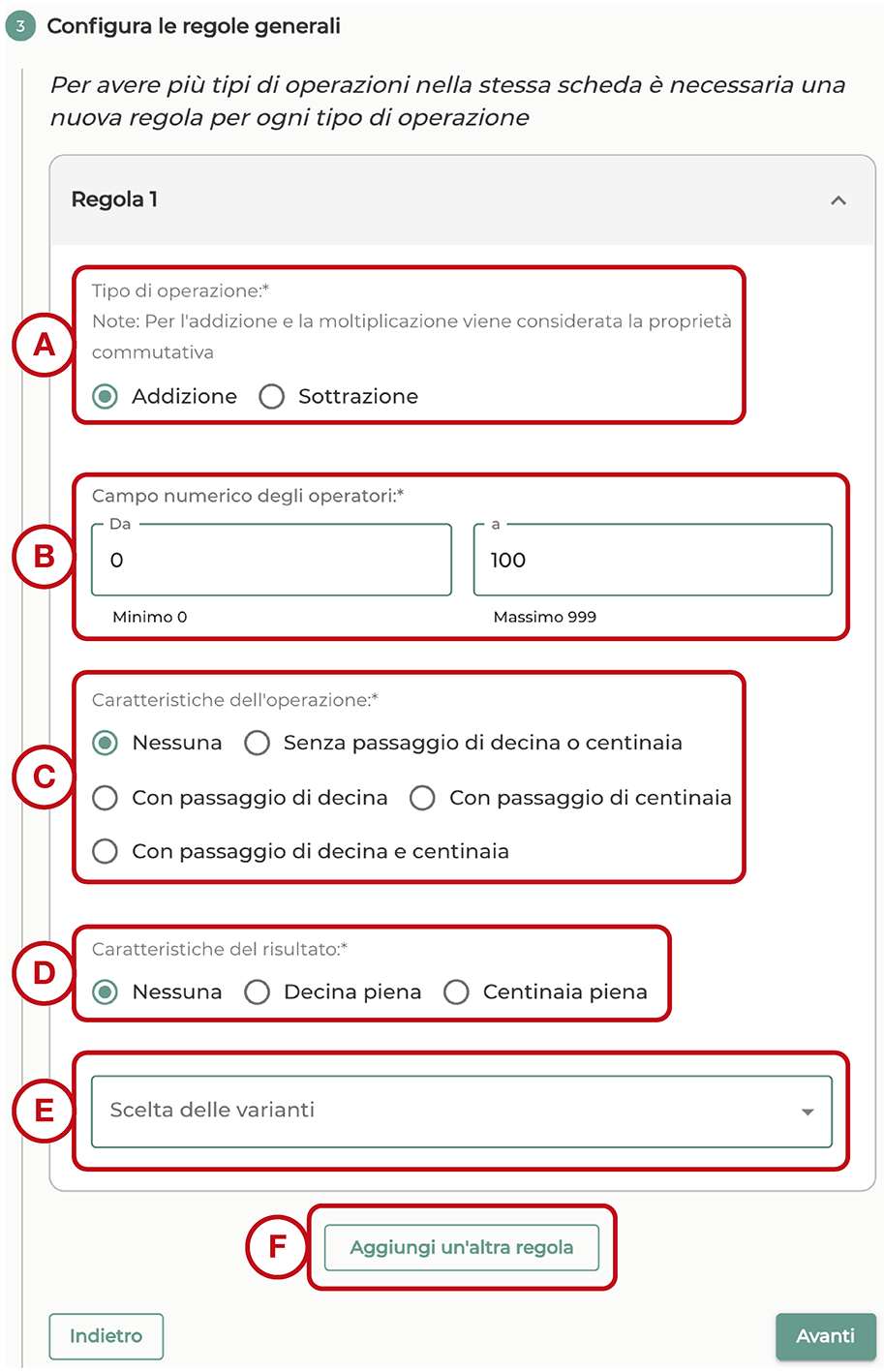 Sezione "Configura le regole generali"